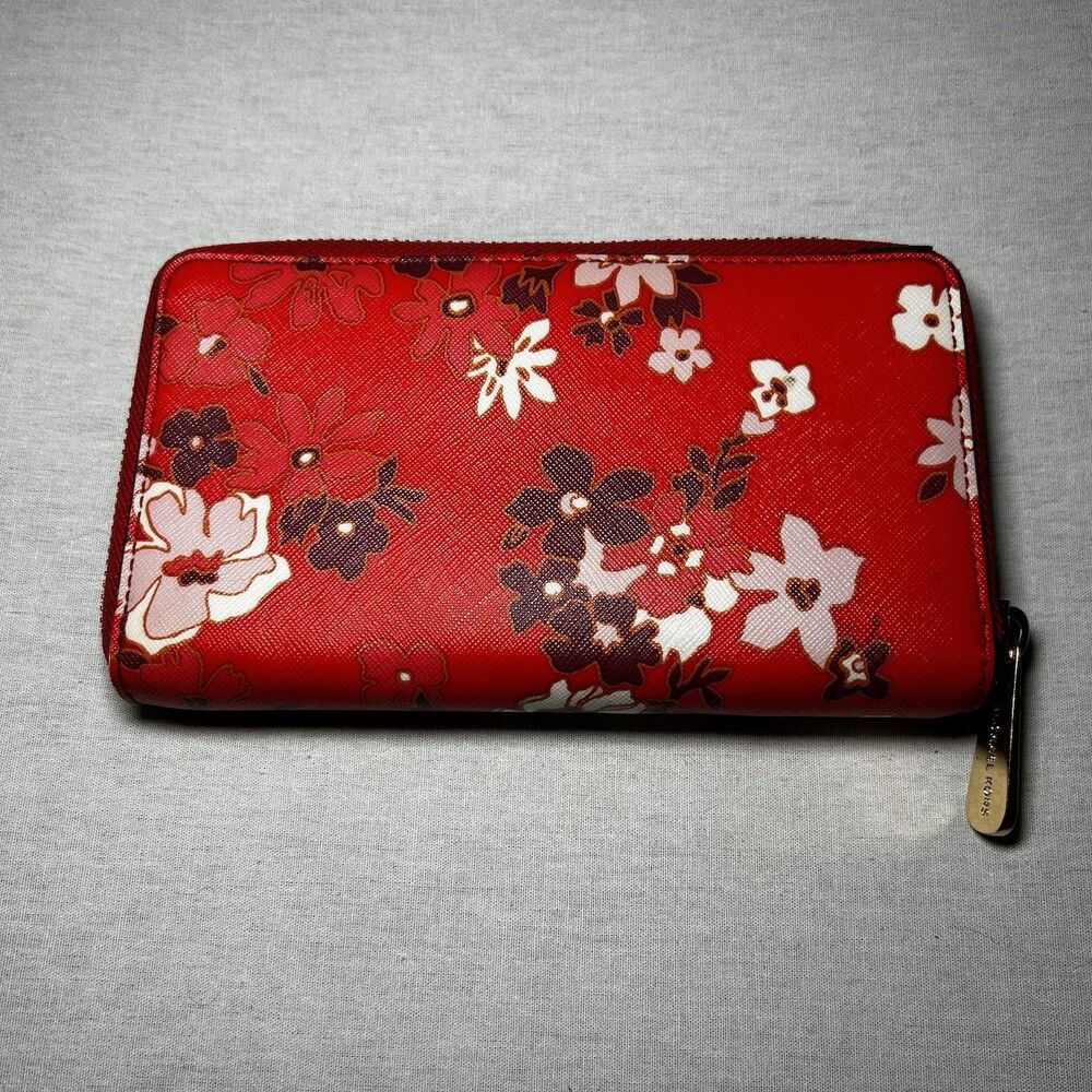 Michael Kors Red Floral Zip Wallet with White & Brown Accents - Picture 3 of 6